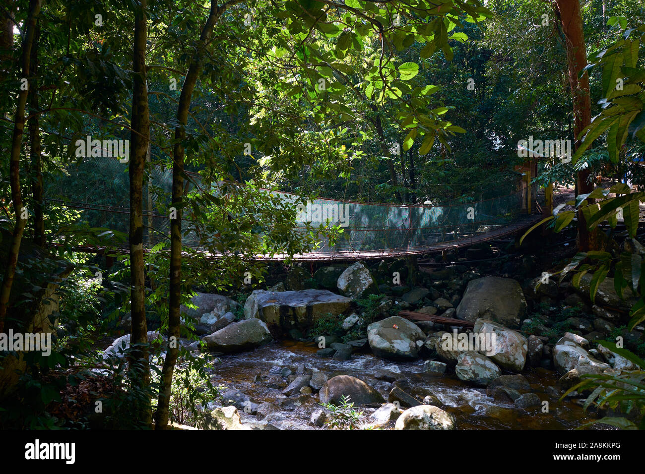 Looking at the hanging bridge that goes across the bottom of the big waterfall at Gunung Stong State park. In DaBong, Kelantan, Malaysia. Stock Photo