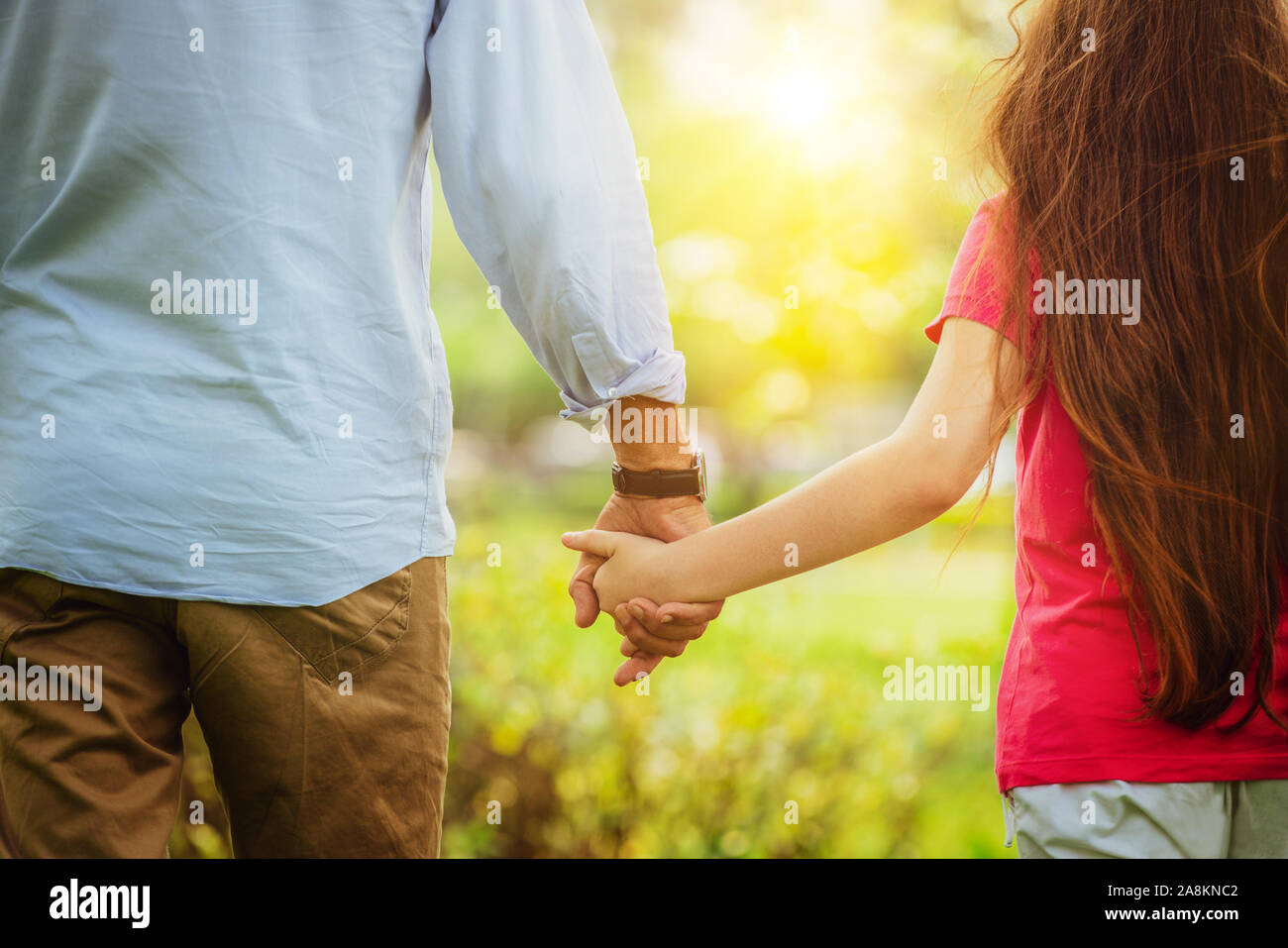 Father and daughter holding hands and walking in the park in summer ...