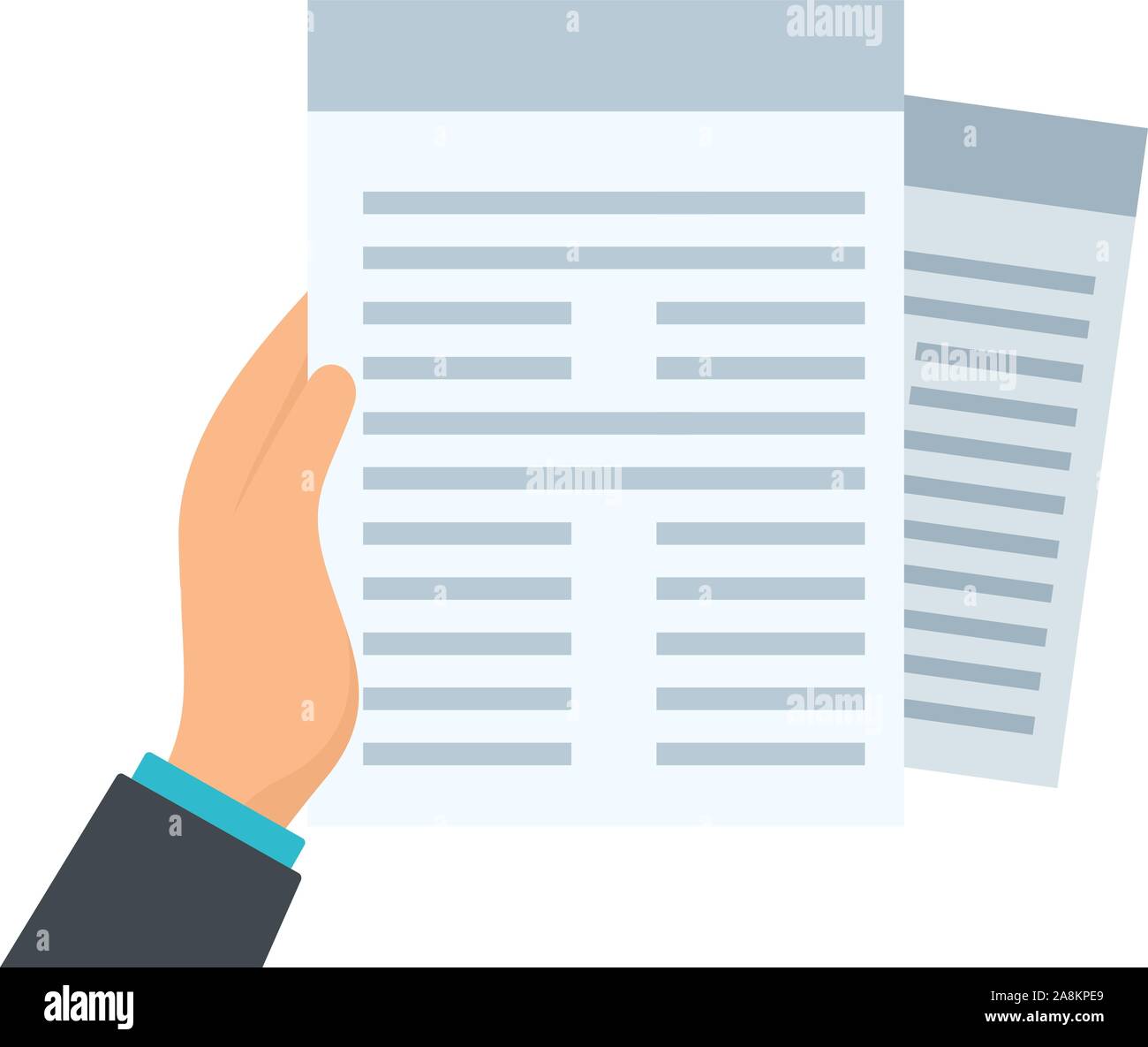 Documents in hand icon. Flat illustration of documents in hand vector icon for web design Stock