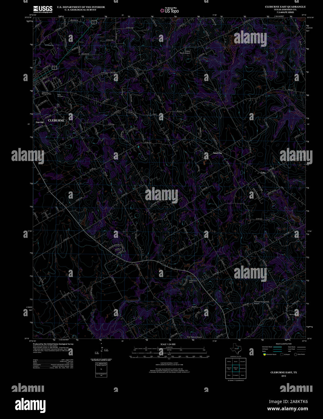 USGS TOPO Map Texas TX Cleburne East 20121107 TM Inverted Restoration Stock Photo