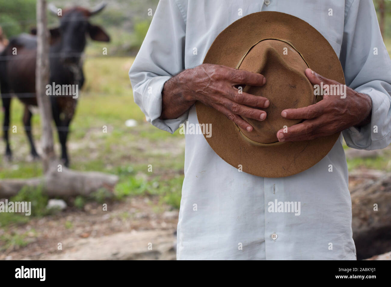 Diamantina, Minas Gerais, Brazil - January 27, 2016: Senior Brazilian farmer holding cowboy hat against the chest Stock Photo