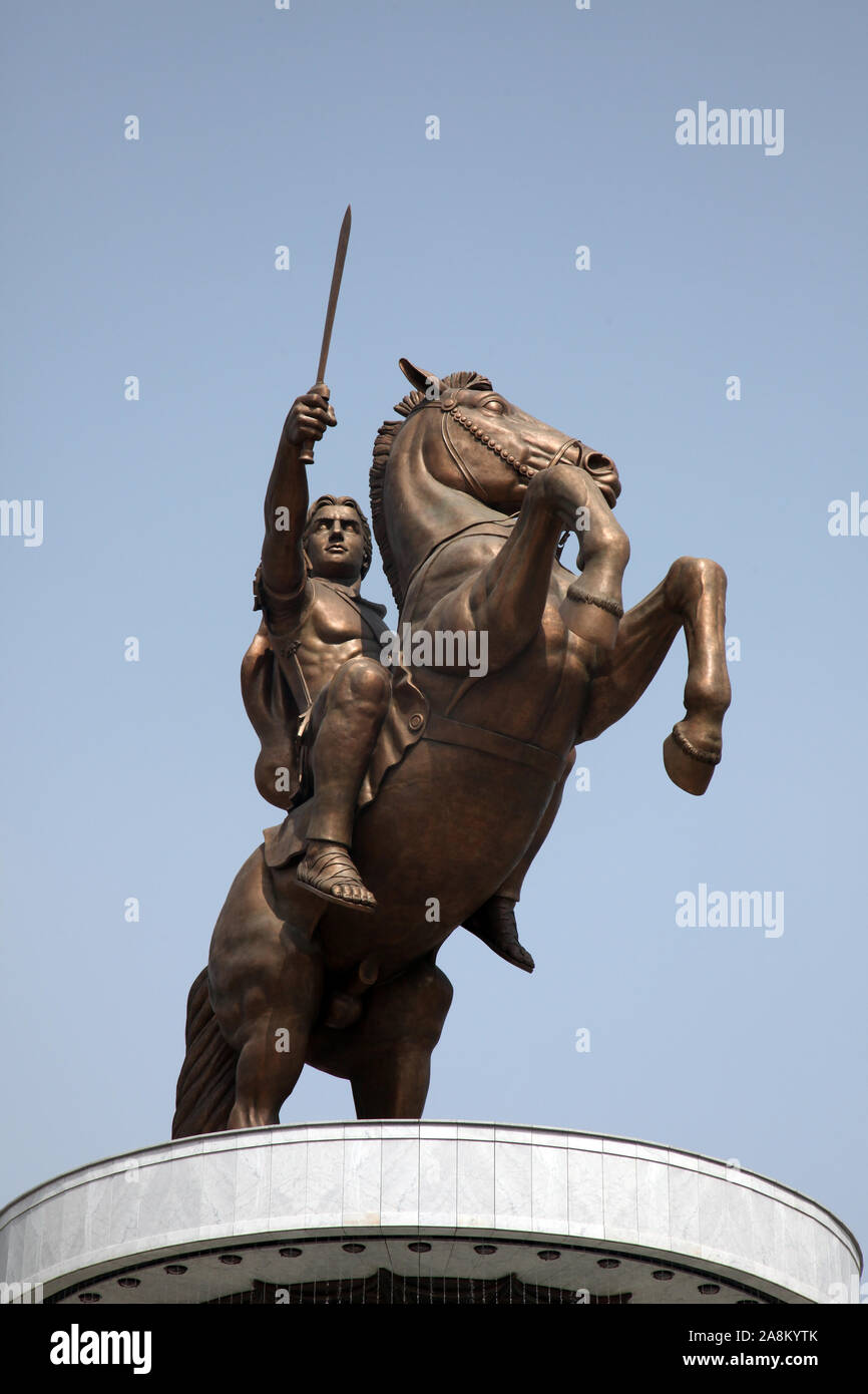 Statue of Alexander the Great in downtown of Skopje, Macedonia Stock Photo