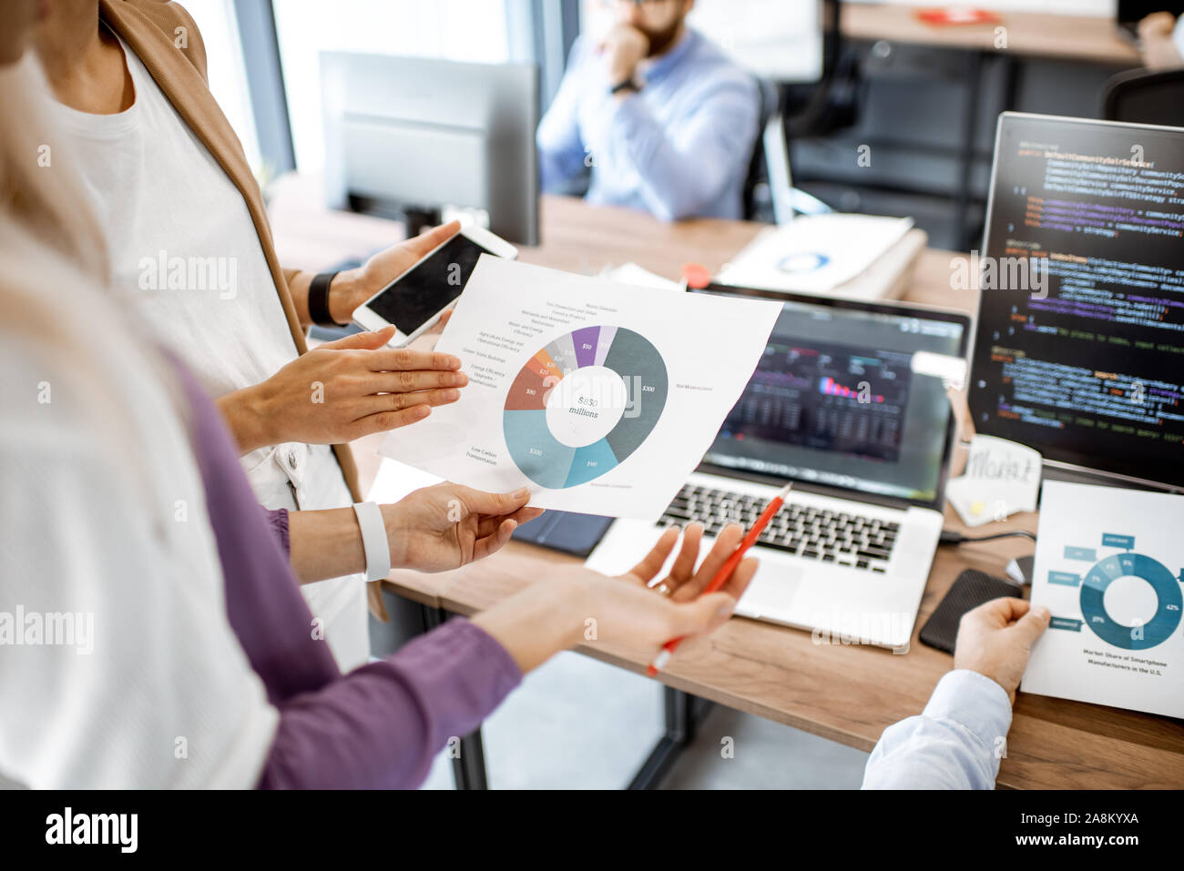 Programmers making financial analysis, working with programming code in ...