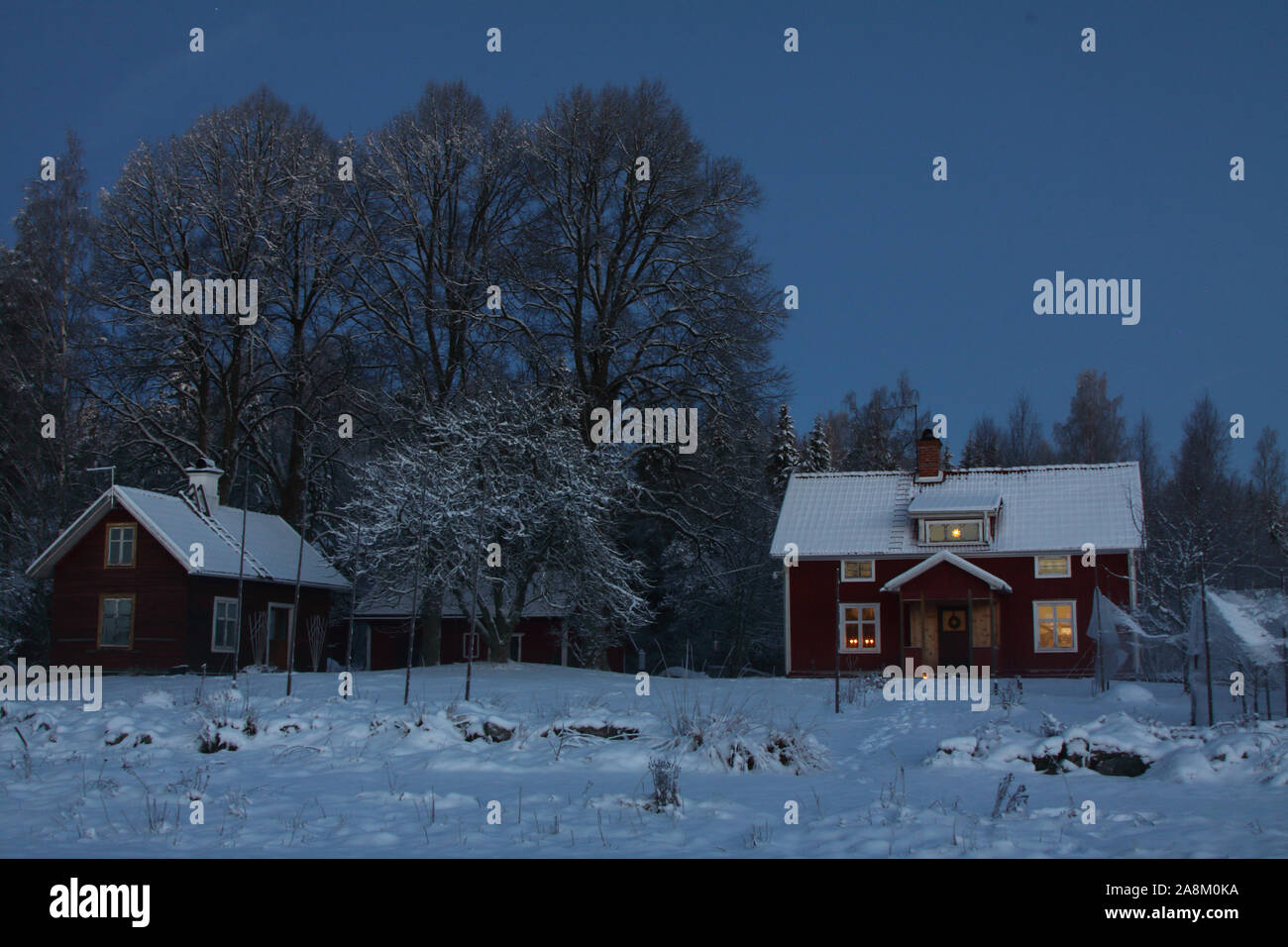 Wooden house during winter night and dark blue sky in Sweden, Arboga. Stock Photo