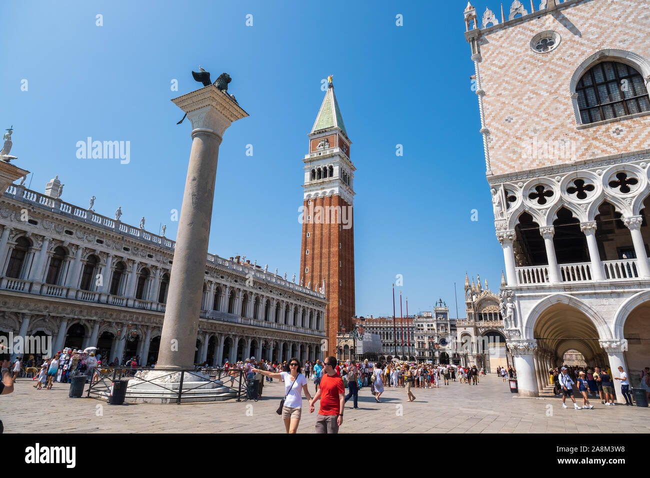 Venice, Italy - August 3, 2019: Tourists sightseeing in Venice's most famous square San Marco Stock Photo