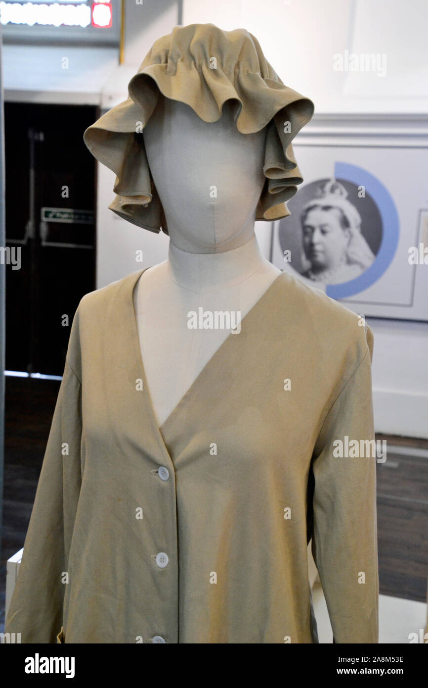 Auxiliary Staff Uniform at the Royal Victoria Military Hospital, Chapel Museum, Royal Victoria Country Park, Netley, Hampshire, UK Stock Photo