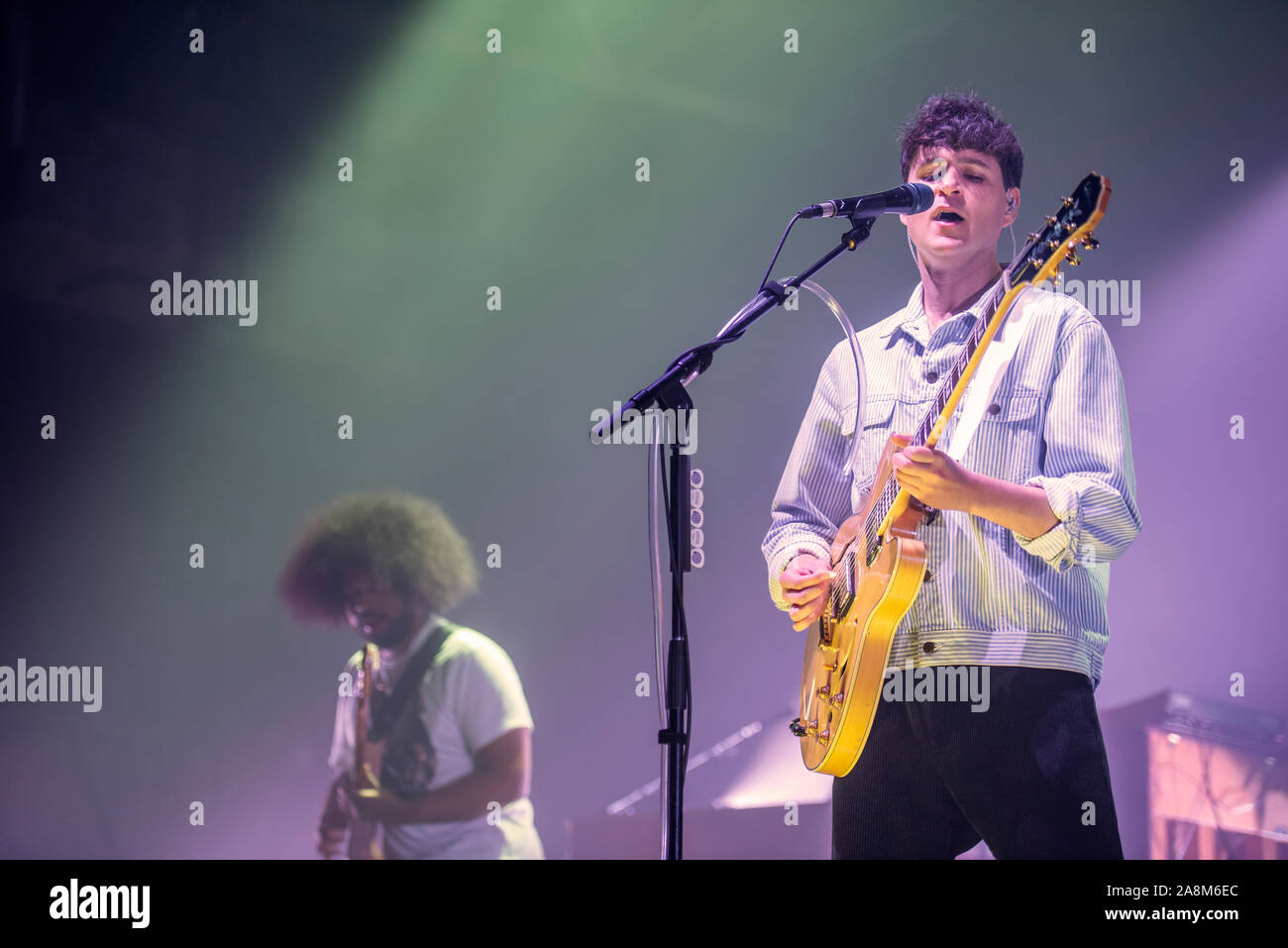 Manchester, UK. 09th November 2019. Ezra Koenig, Chris Baio and, Christopher Tomson of the band Vampire Weekend perform the 2nd of 2 sold out shows at Manchester’s O2 Victoria Warehouse on their “Father Of The Bride” UK tour  Manchester 2019-11-09 . Credit:  Gary Mather/ Alamy Live News Stock Photo
