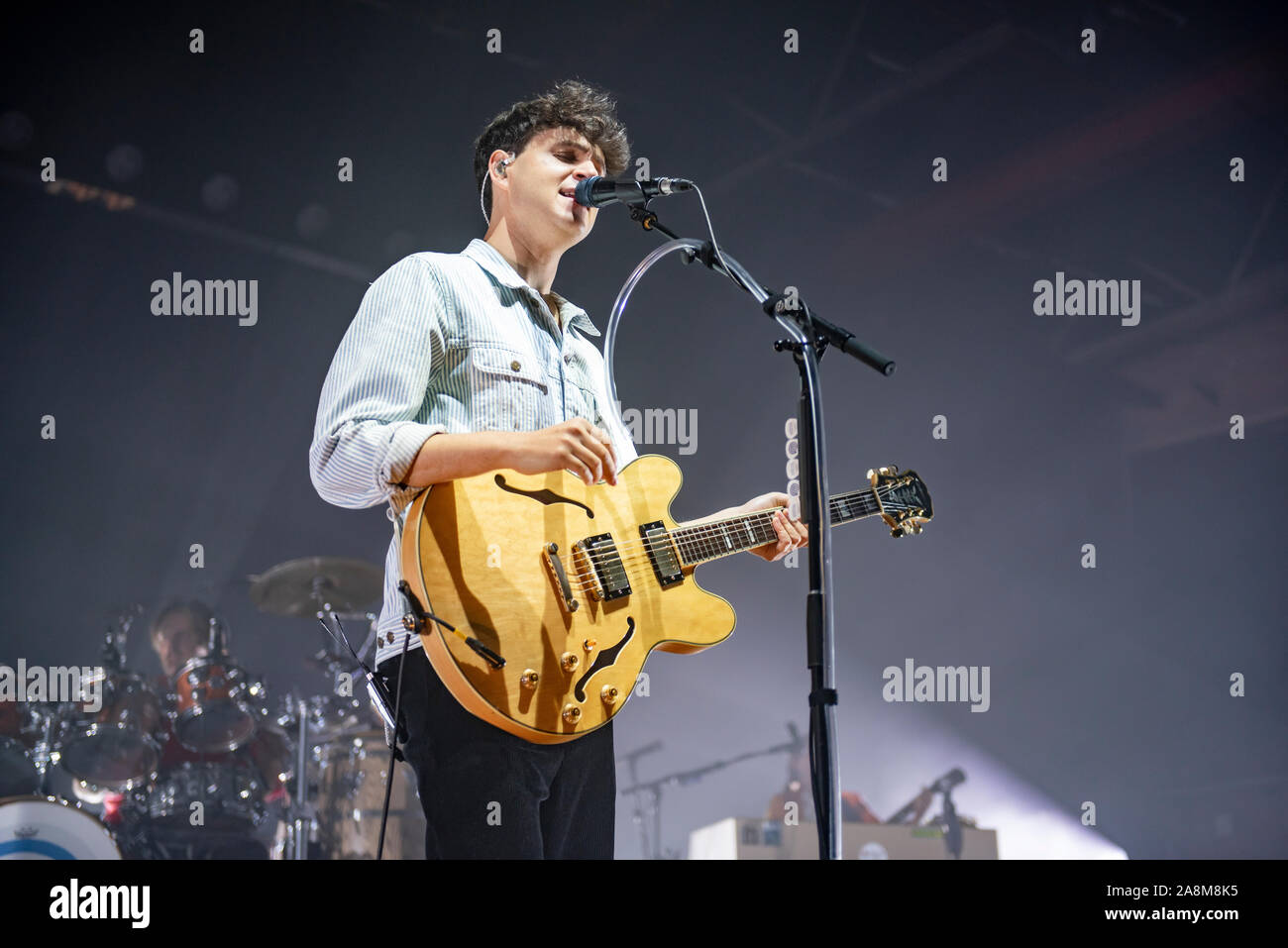 Manchester, UK. 09th November 2019. Ezra Koenig, Chris Baio and, Christopher Tomson of the band Vampire Weekend perform the 2nd of 2 sold out shows at Manchester’s O2 Victoria Warehouse on their “Father Of The Bride” UK tour  Manchester 2019-11-09 . Credit:  Gary Mather/ Alamy Live News Stock Photo