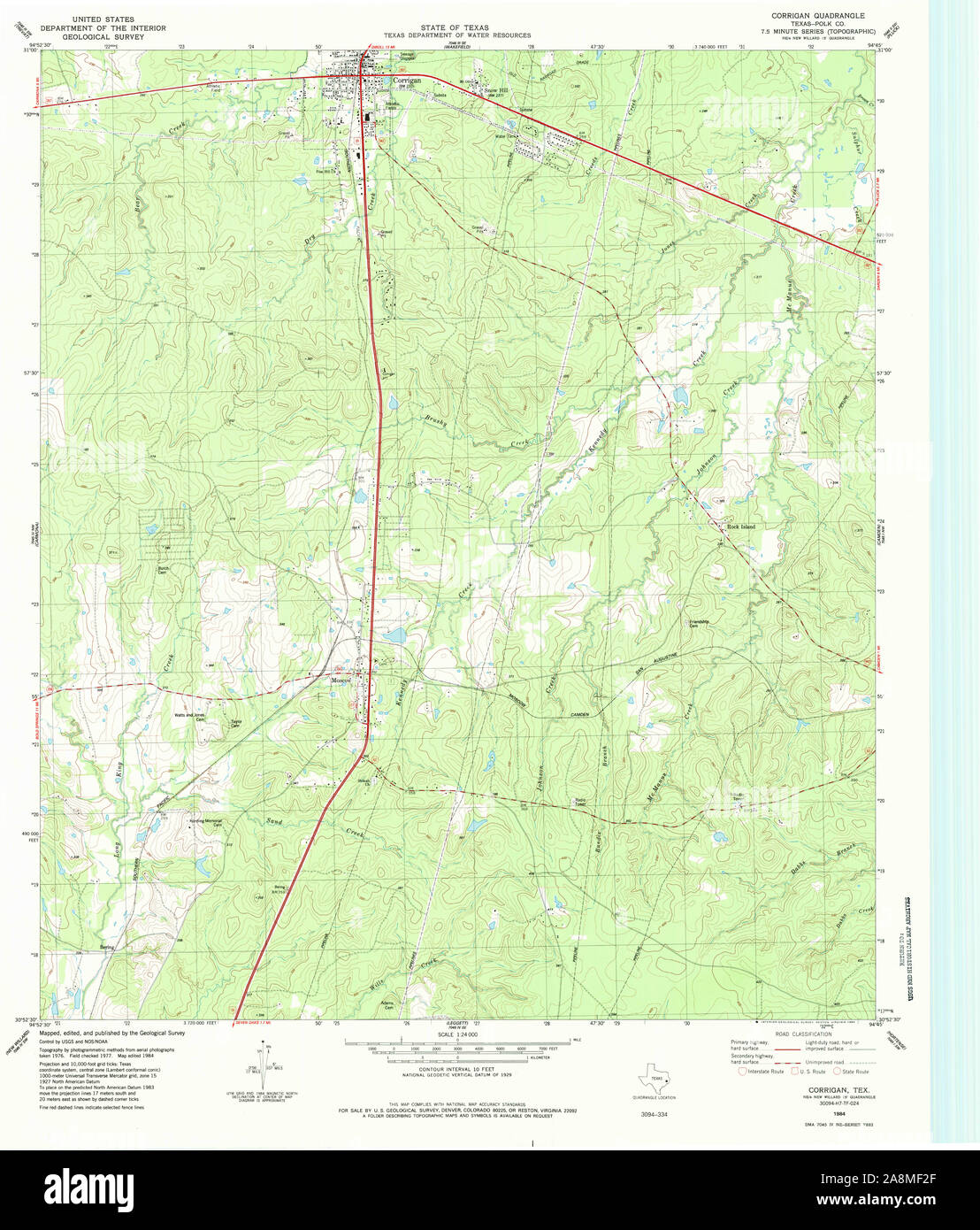 USGS TOPO Map Texas TX Corrigan 108867 1984 24000 Restoration Stock Photo