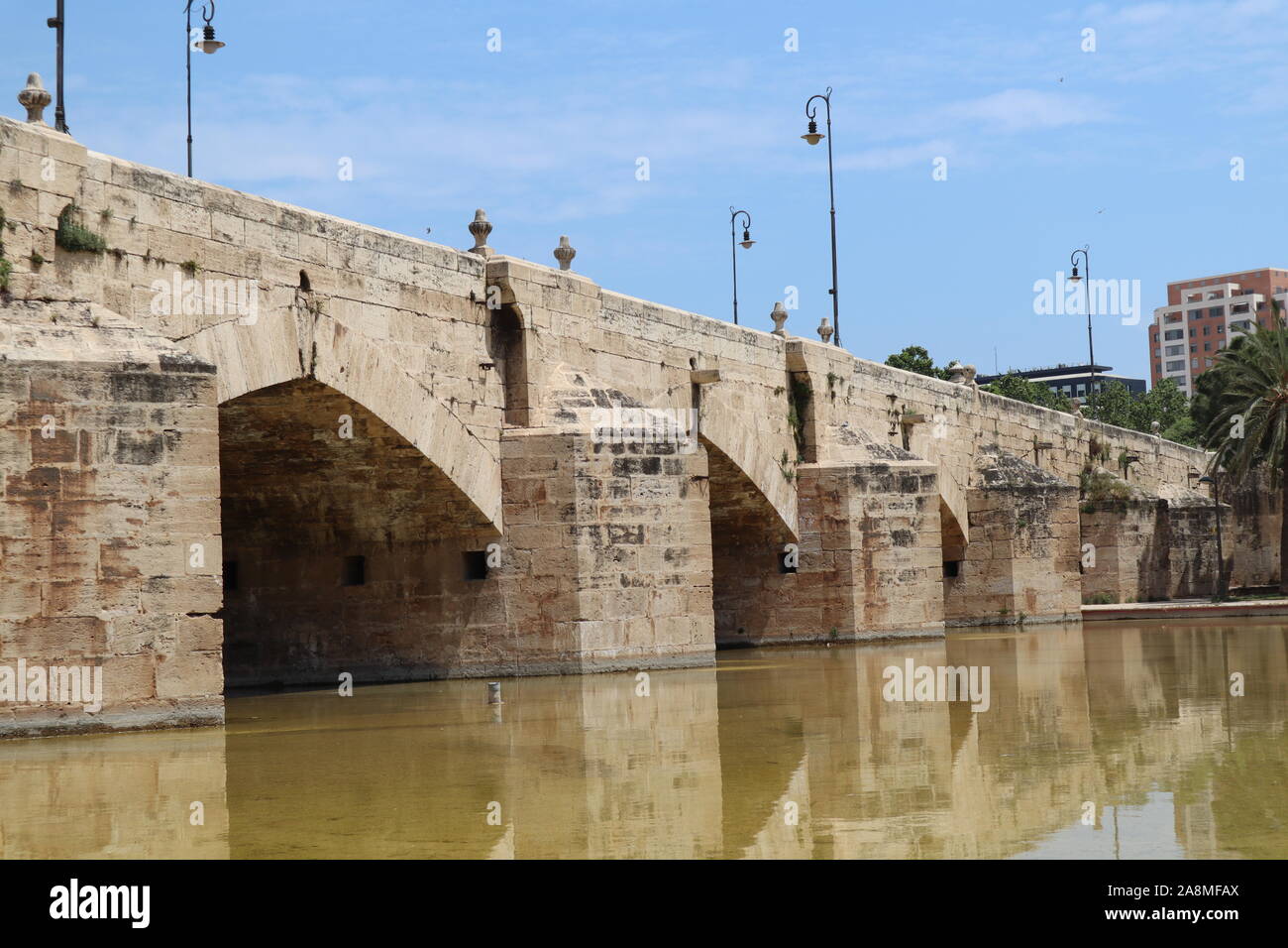 Bridge over Turia river bed gardens Valencia Stock Photo