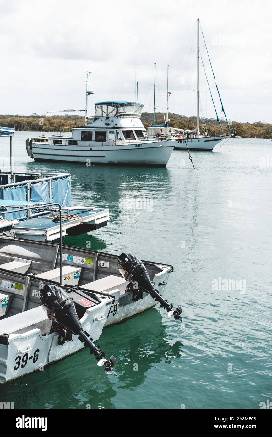 Detail shot of a boat on the river near the Dunbogan Boat Shed and Marina on a sunny day. Stock Photo