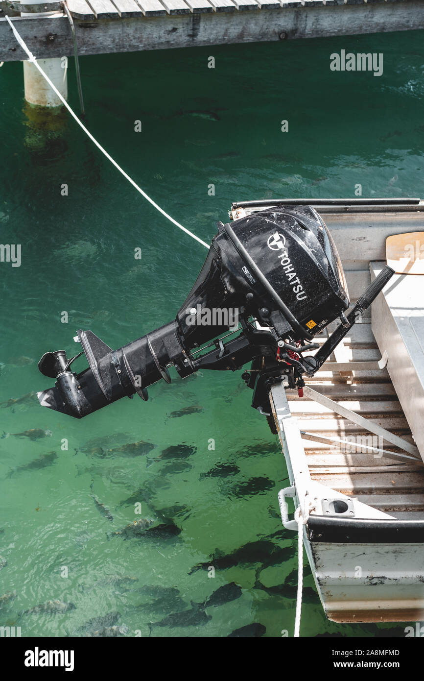 Detail shot of a boat on the river near the Dunbogan Boat Shed and Marina on a sunny day. Stock Photo