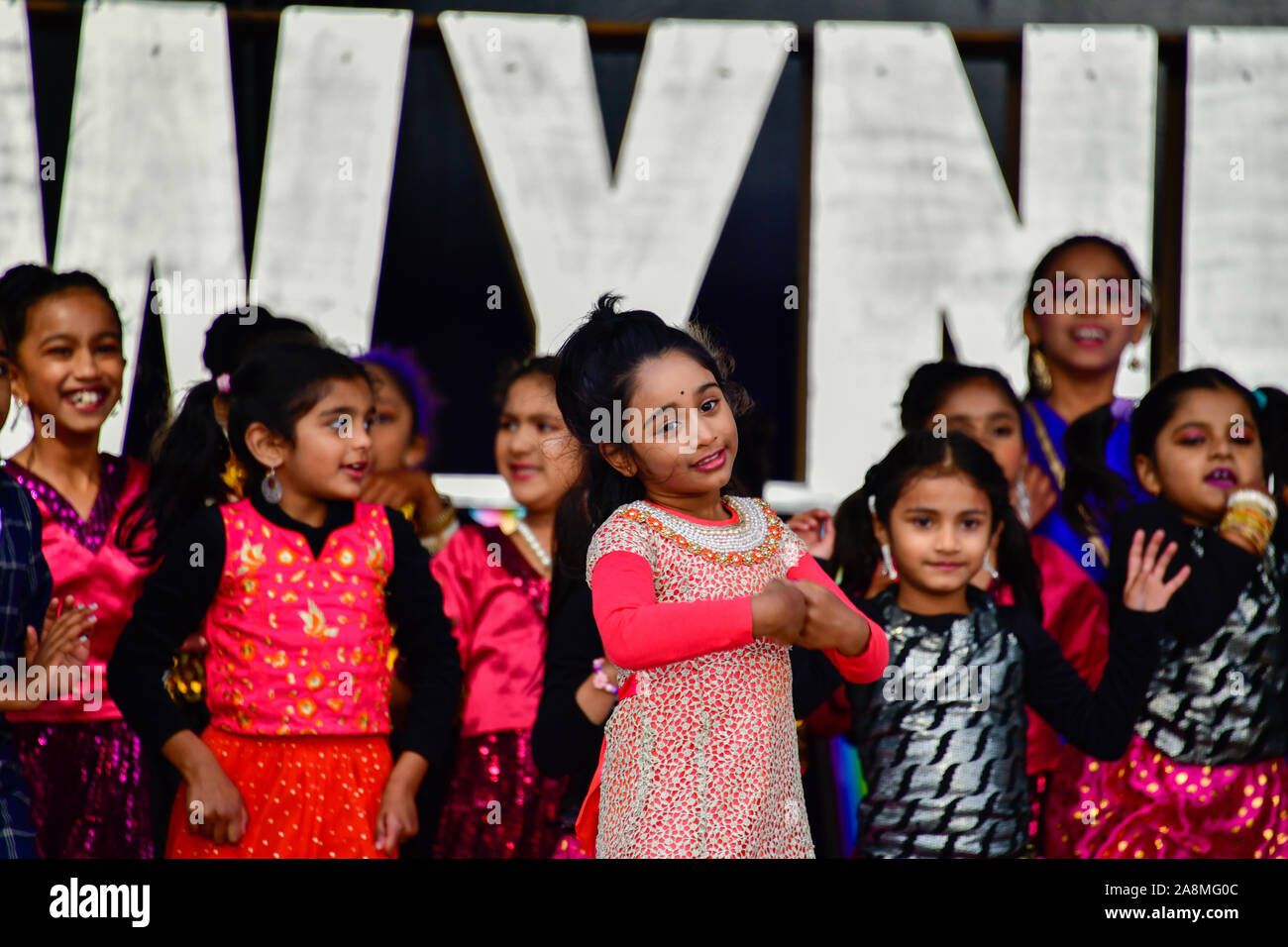 Entertainment and Dancing Children at Wyndham Indian Diwali Festival, Melbourne, Victoria, Australia Stock Photo