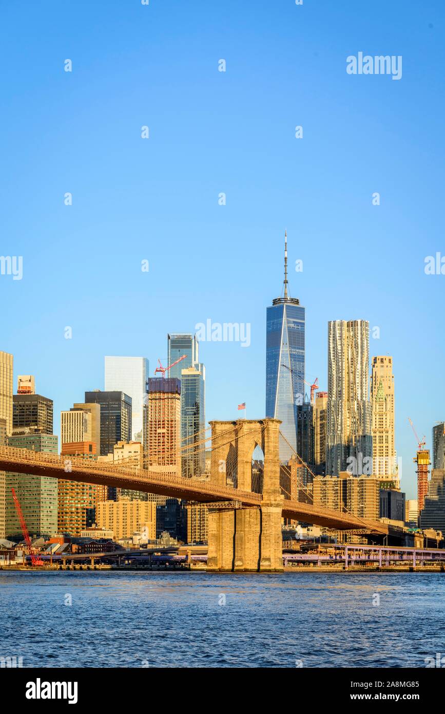 Brooklyn Bridge in the morning light, view from Main Street Park over the East River to the skyline of Manhattan with Freedom Tower or One World Stock Photo