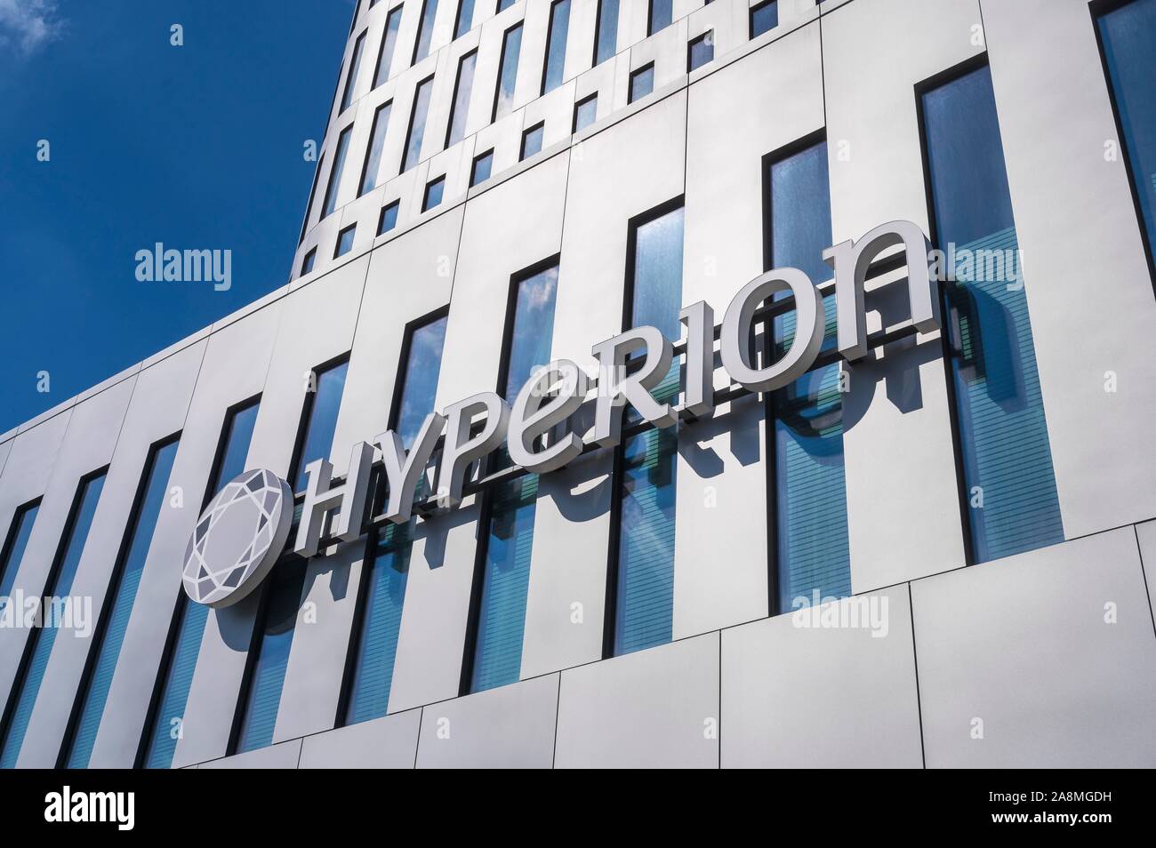 Logo, Hyperion Hotel, Bavaria Towers, Munich, Upper Bavaria, Bavaria, Germany Stock Photo