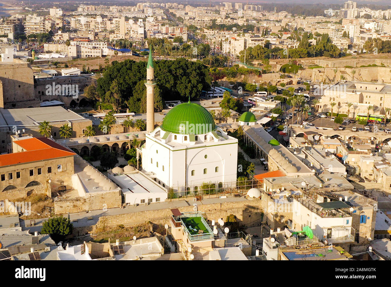 Aerial footage of the old City Acre, Israel. Stock Photo