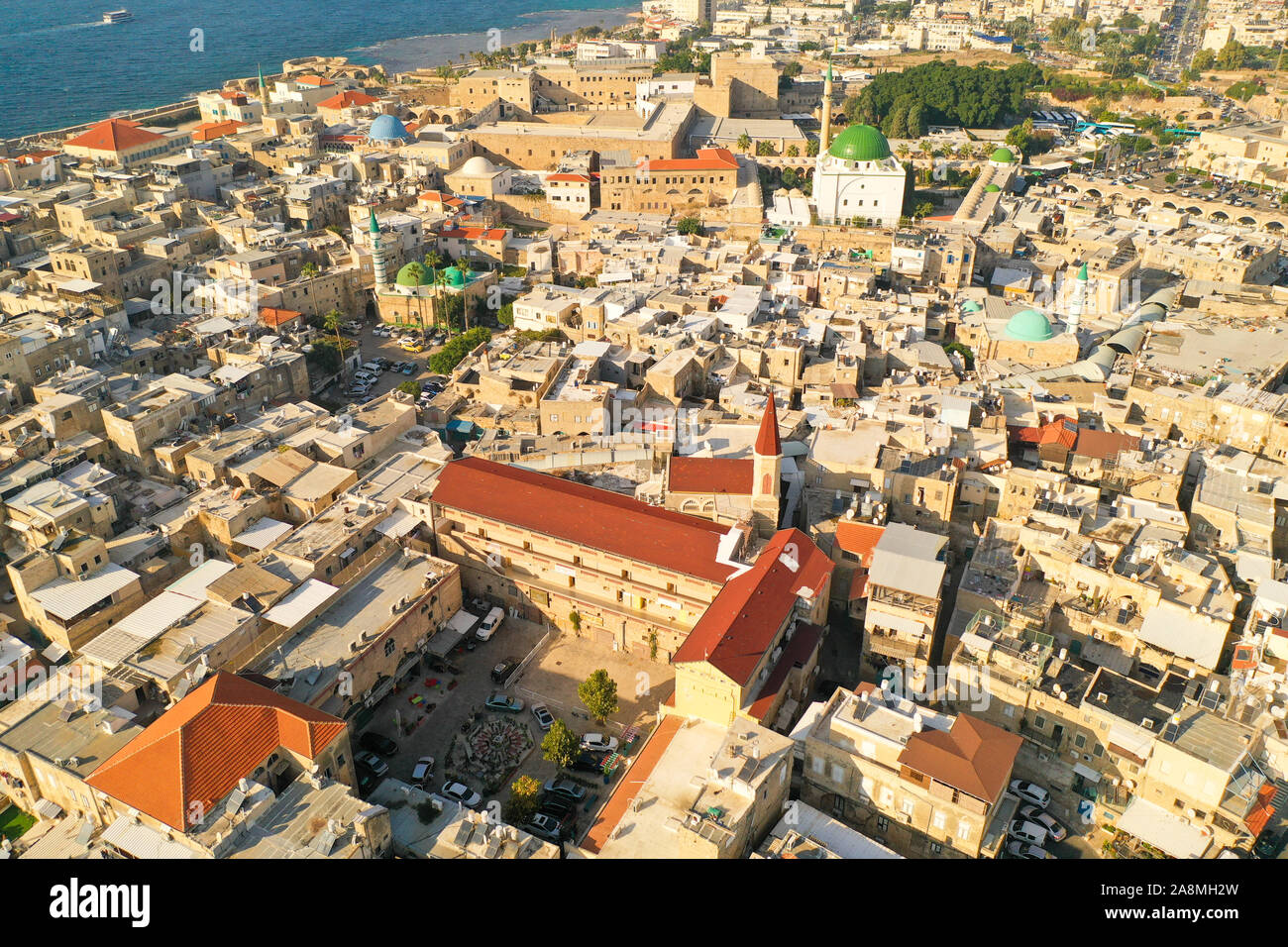 Aerial footage of the old City Acre, Israel. Stock Photo