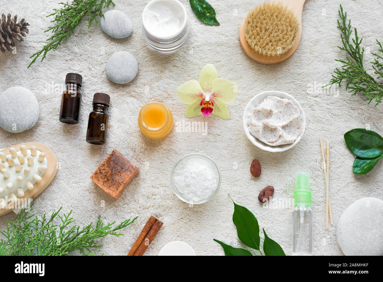 Natural Skin Care and Spa Set on white soft towel background with