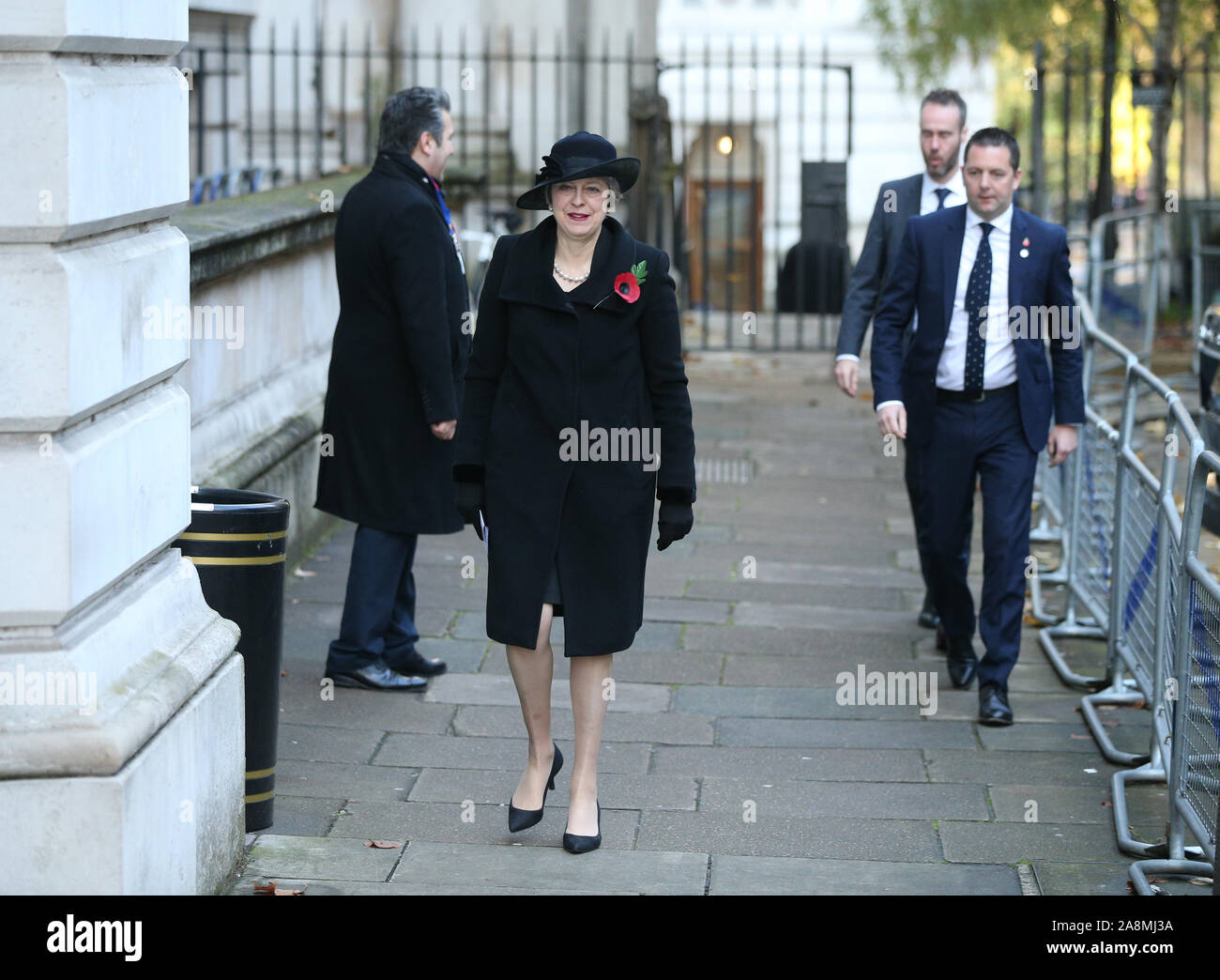 Former Prime Minister Theresa May in Downing Street arriving for the Remembrance Sunday service at the Cenotaph memorial in Whitehall, central London. PA Photo. Picture date: Sunday November 10, 2019. See PA story ROYAL Remembrance. Photo credit should read: Jonathan Brady/PA Wire Stock Photo