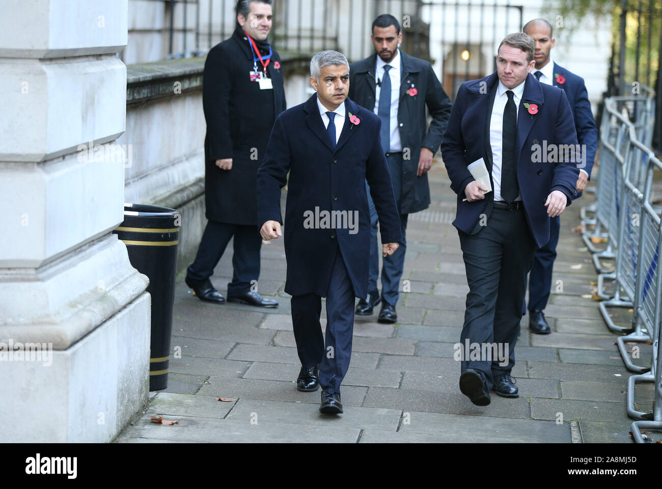 Mayor of London Sadiq Khan in Downing Street arriving for the Remembrance Sunday service at the Cenotaph memorial in Whitehall, central London. PA Photo. Picture date: Sunday November 10, 2019. See PA story ROYAL Remembrance. Photo credit should read: Jonathan Brady/PA Wire Stock Photo