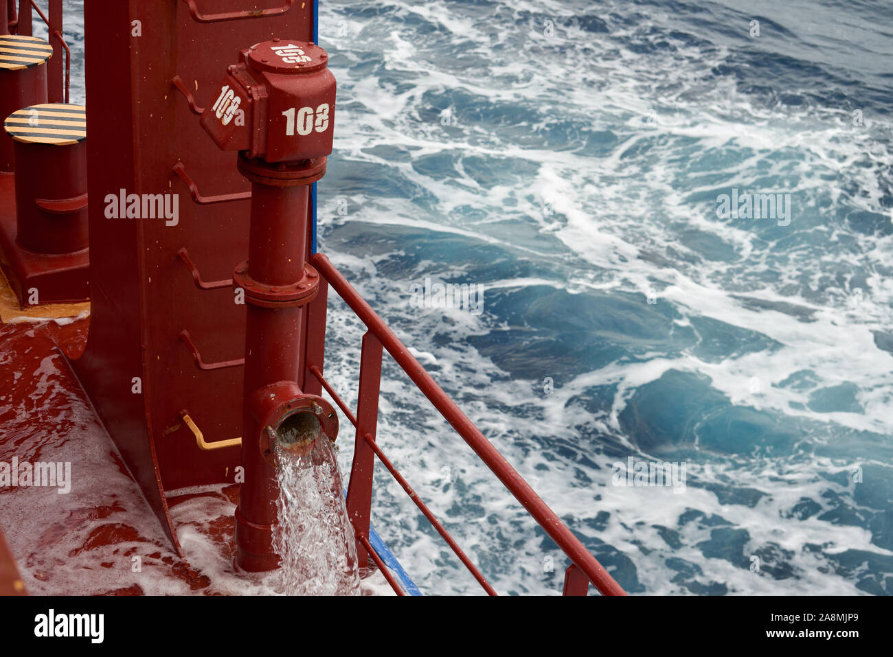 View of ballast water exchange process onboard of a ship using flow