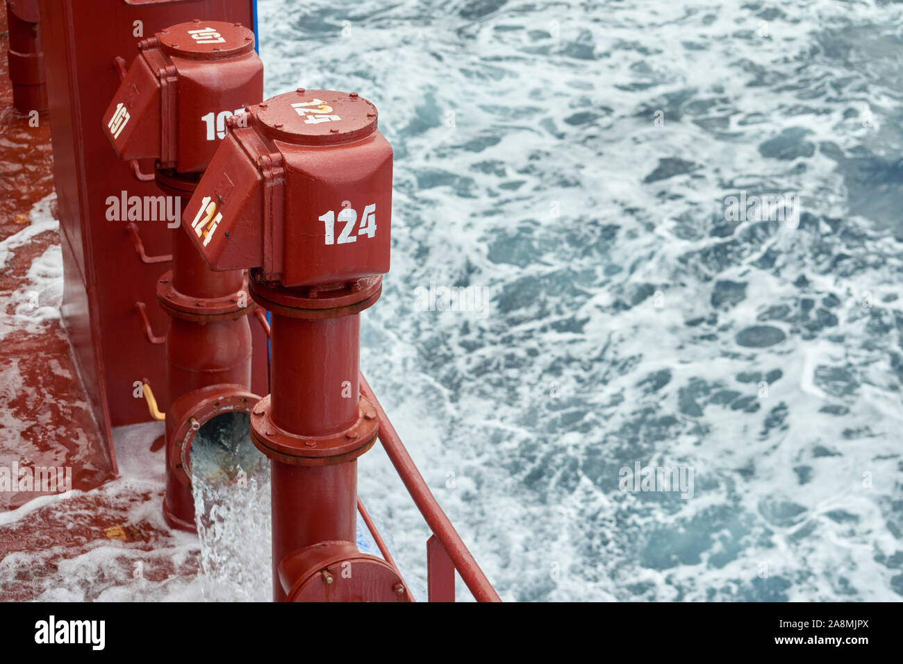 View of ballast water exchange process onboard of a ship using flow