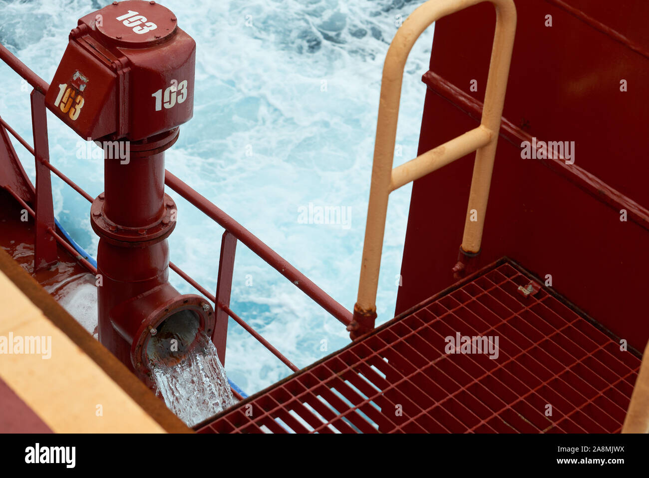 View of ballast water exchange process onboard of a ship using flow
