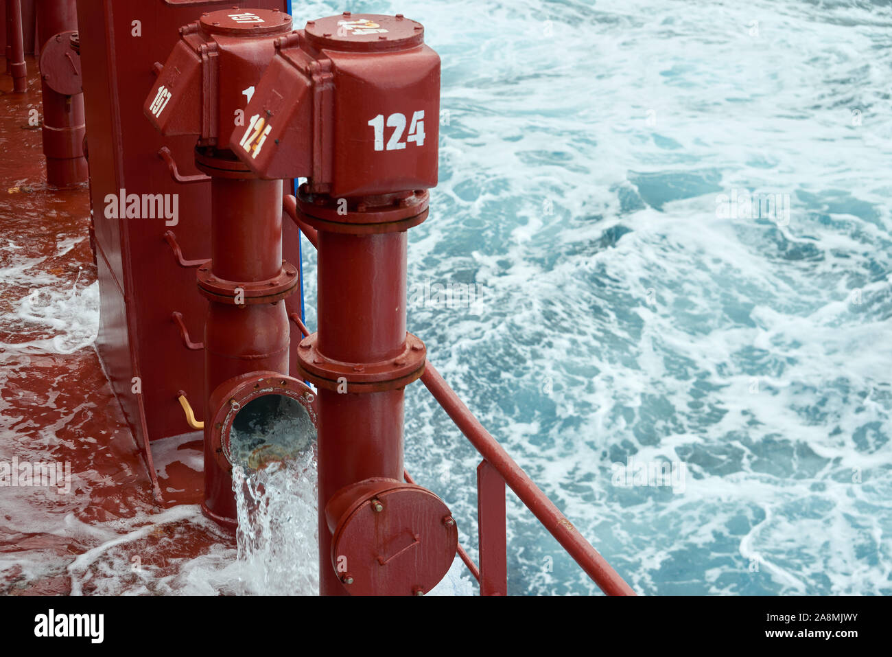 View of ballast water exchange process onboard of a ship using flow