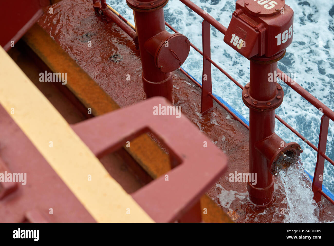 View of ballast water exchange process onboard of a ship using flow