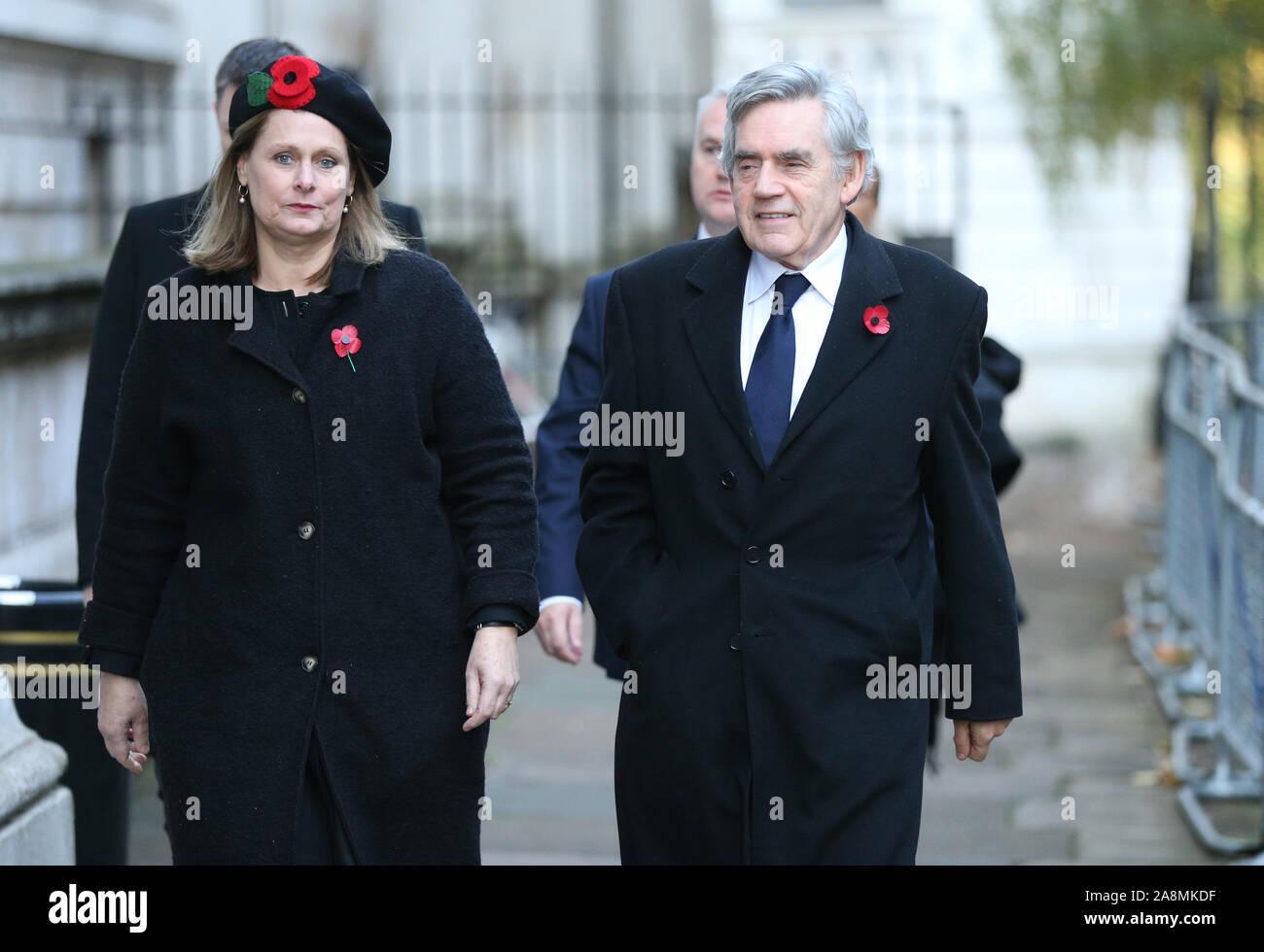 Former Prime Minister Gordon Brown and wife Sarah in Downing Street arriving for the Remembrance Sunday service at the Cenotaph memorial in Whitehall, central London. PA Photo. Picture date: Sunday November 10, 2019. See PA story ROYAL Remembrance. Photo credit should read: Jonathan Brady/PA Wire Stock Photo
