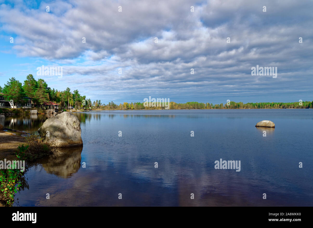 Lake in sweden with reflection of clouds Stock Photo