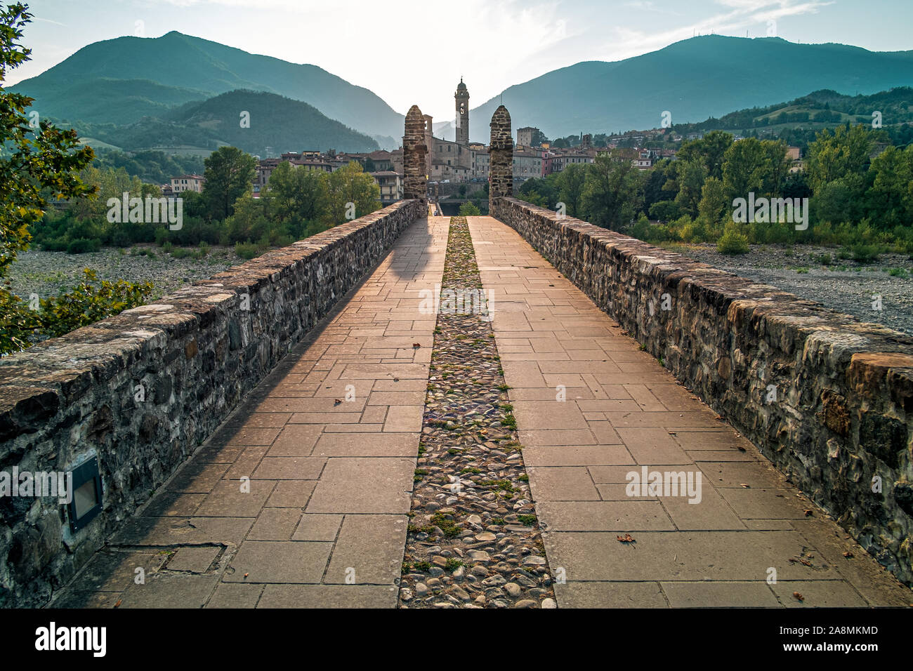 Theold medieval bridge of the famous italian borough of Bobbio, Piacenza province, Emilia Romagna, Italy. Stock Photo