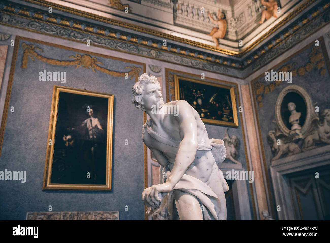 Rome, Italy - June 22, 2018: Baroque marble sculpture David by Bernini 1623-1624 in Galleria Borghese of Villa Borghese Stock Photo