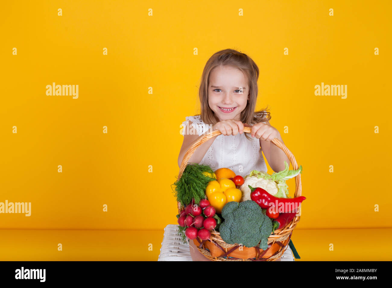 Beautiful little girl holding a basket of ripe vegetables Stock Photo