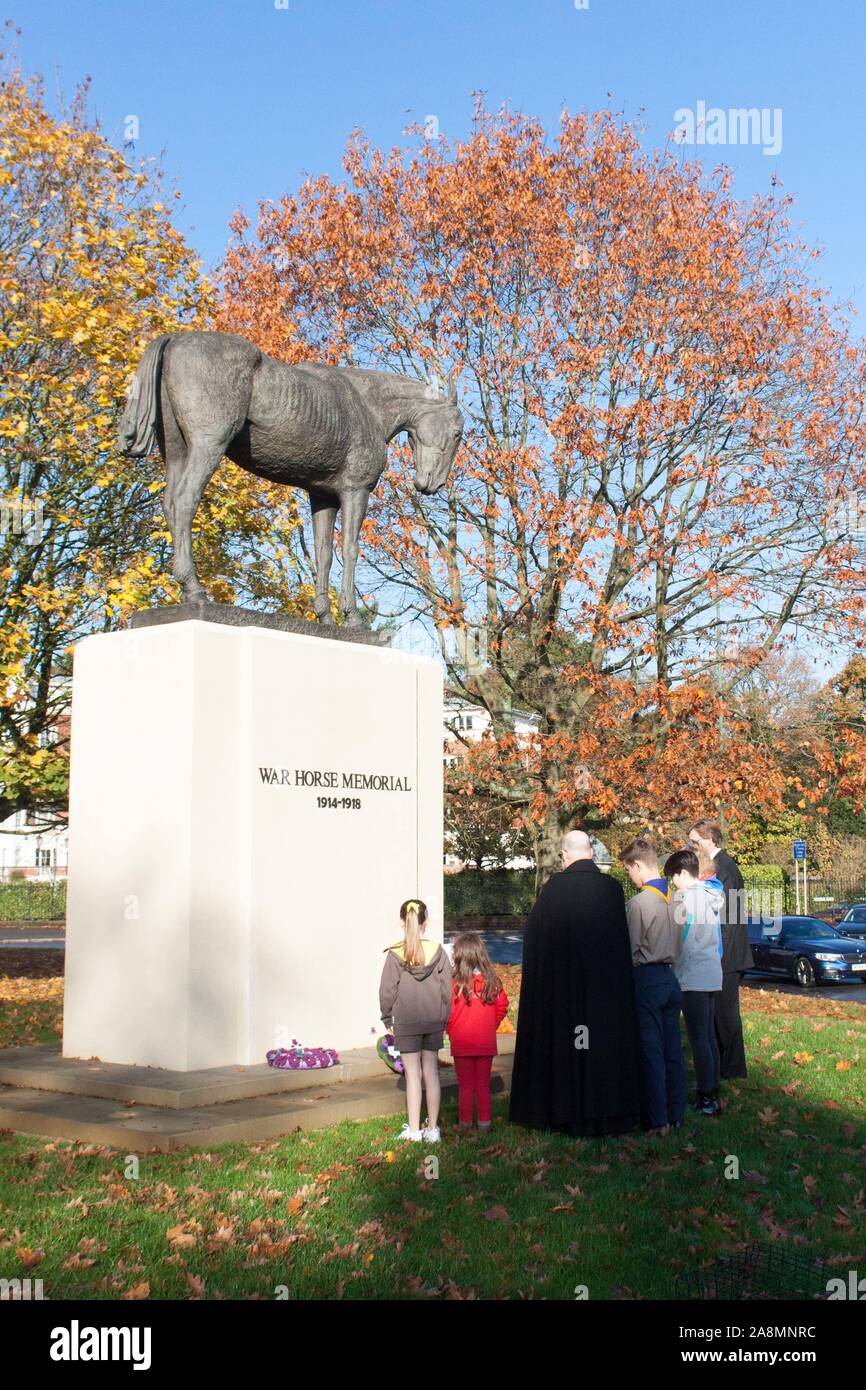 Ascot, UK. 10th Nov, 2019. Wreath laying at the War Horse Memorial, Ascot. Purple poppies are laid to remember equine sacrificies in the First World War. Credit: Andrew Spiers/Alamy Live News Stock Photo