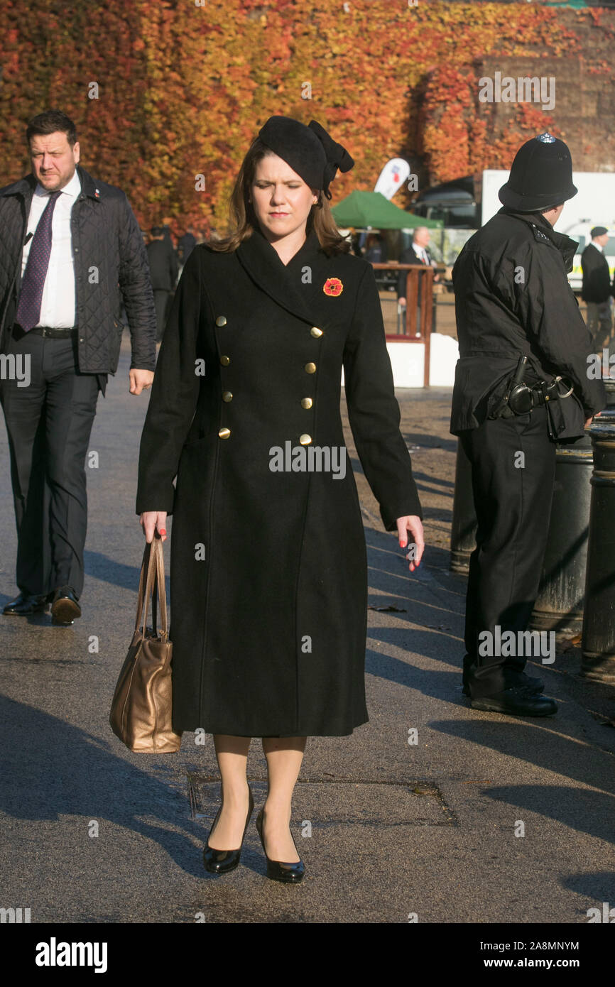 Westminster London, UK. 10  November 2019. Jo Swinson Leader of the Liberal Democrat party arrives  in the bright autumn sunshine  to take part in the remembrance service at the Cenotaph in Whitehall to remember  the contribution of British and Commonwealth military and civilian servicemen and women in the two World Wars and later conflicts. amer ghazzal /Alamy live News Stock Photo
