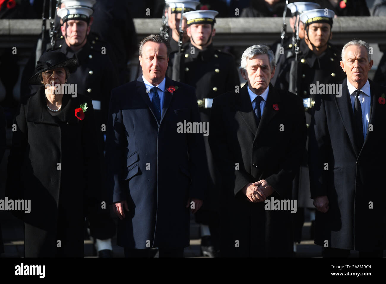 (left to right) Former prime ministers Theresa May, David Cameron, Gordon Brown and Tony Blair during the Remembrance Sunday service at the Cenotaph memorial in Whitehall, central London. Stock Photo