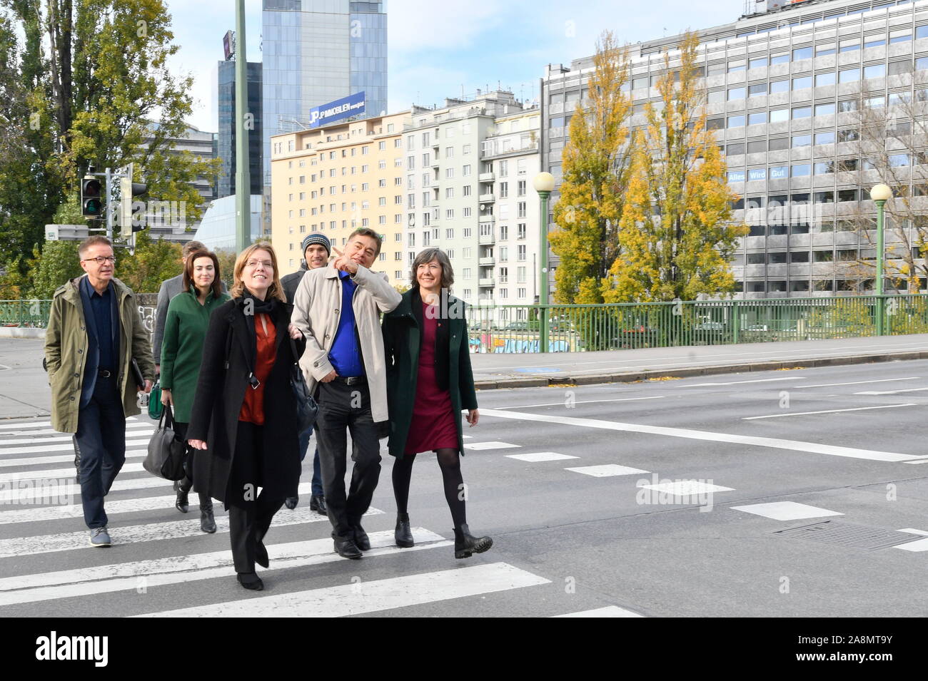 Vienna, Austria. 10th November, 2019. The Extended Federal Executive of the Greens meets on Sunday, 10 November 2019 in the Urania in Vienna. The 29 delegates will discuss the results of the soundings with the ÖVP (New People's Party Austria) and make a decision on the possible entry into coalition negotiations.  Picture shows in the first row (from L to R) Leonore Gewessler, Werner Kogler and Birgit Hebein. Credit:Franz Perc / Alamy Live News Stock Photo