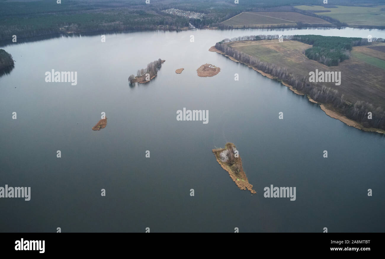 Small islands in river landscape above drone view Stock Photo
