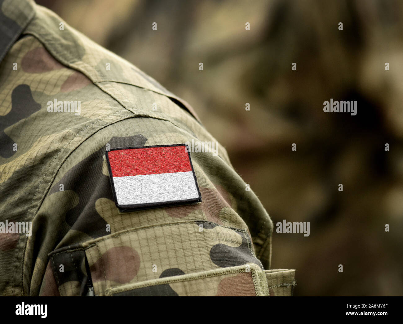Flag of Indonesia on military uniform. Army, troops, soldiers. Collage ...