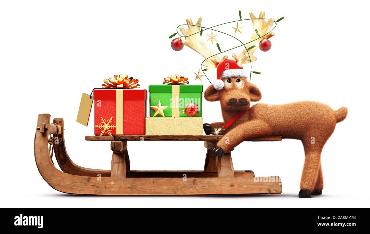 Funny reindeer with sleigh and presents, Santa Claus hat and decoration on the antler isolated on white background 3D rendering Stock Photo