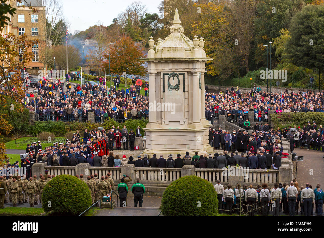 Bournemouth, Dorset UK. Sunday 10th November 2019. Remembrance Sunday Parade and wreath laying - representatives of armed services, forces groups and cadets parade through Bournemouth Town, followed by a service and wreath laying at the War Memorial in Central Gardens. Crowds gather to pay their respects and remember the fallen on a cold, but sunny day. Credit: Carolyn Jenkins/Alamy Live News Stock Photo