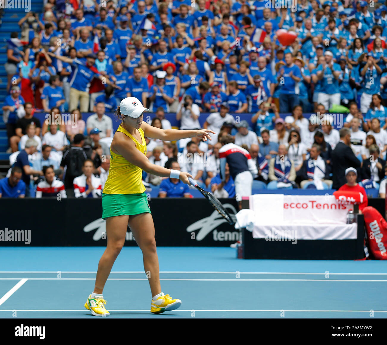 Perth, Australia. 10th Nov, 2019. 10th November 2019; RAC Arena, Perth,  Western Australia, Australia; Fed Cup by BNP Paribas Final Tennis,  Australia versus France; Ash Barty warms up in front of the