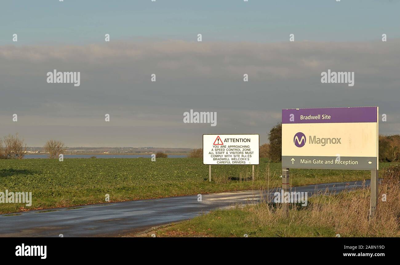 Bradwell. United Kingdom. 10 November 2019. The signs at the entrance road to the Bradwell nuclear power station. Around  Bradwell. Essex. United Kingdom. Credit Garry Bowden/Sport in Pictures. Stock Photo