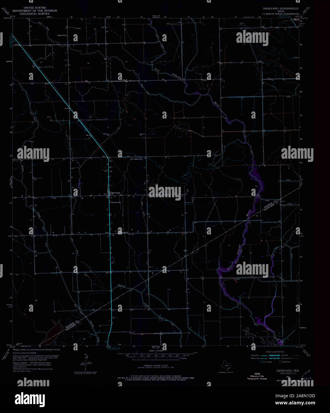 USGS TOPO Map Texas TX Danevang 109099 1951 24000 Inverted Restoration Stock Photo
