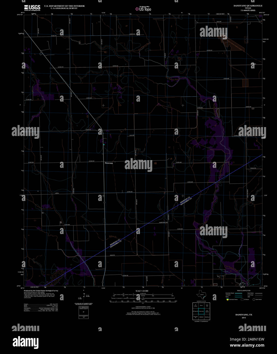 USGS TOPO Map Texas TX Danevang 20130201 TM Inverted Restoration Stock Photo