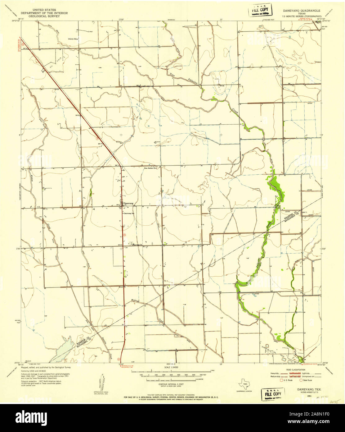 USGS TOPO Map Texas TX Danevang 109100 1951 24000 Restoration Stock Photo
