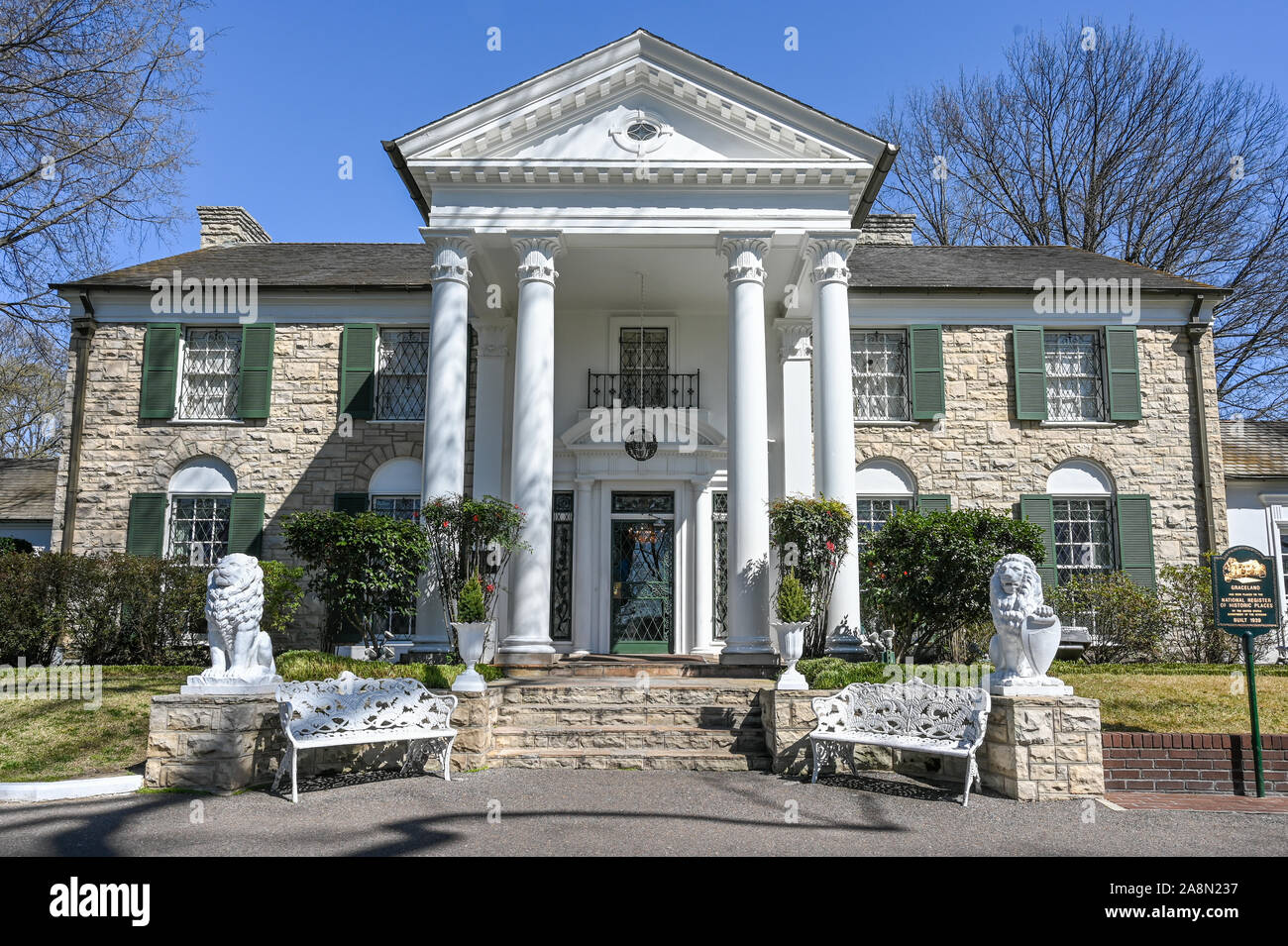 Graceland in Memphis. The mansion was  built in 1939 but later bought by Elvis Presley who lived here from 1957 – 1977. Stock Photo