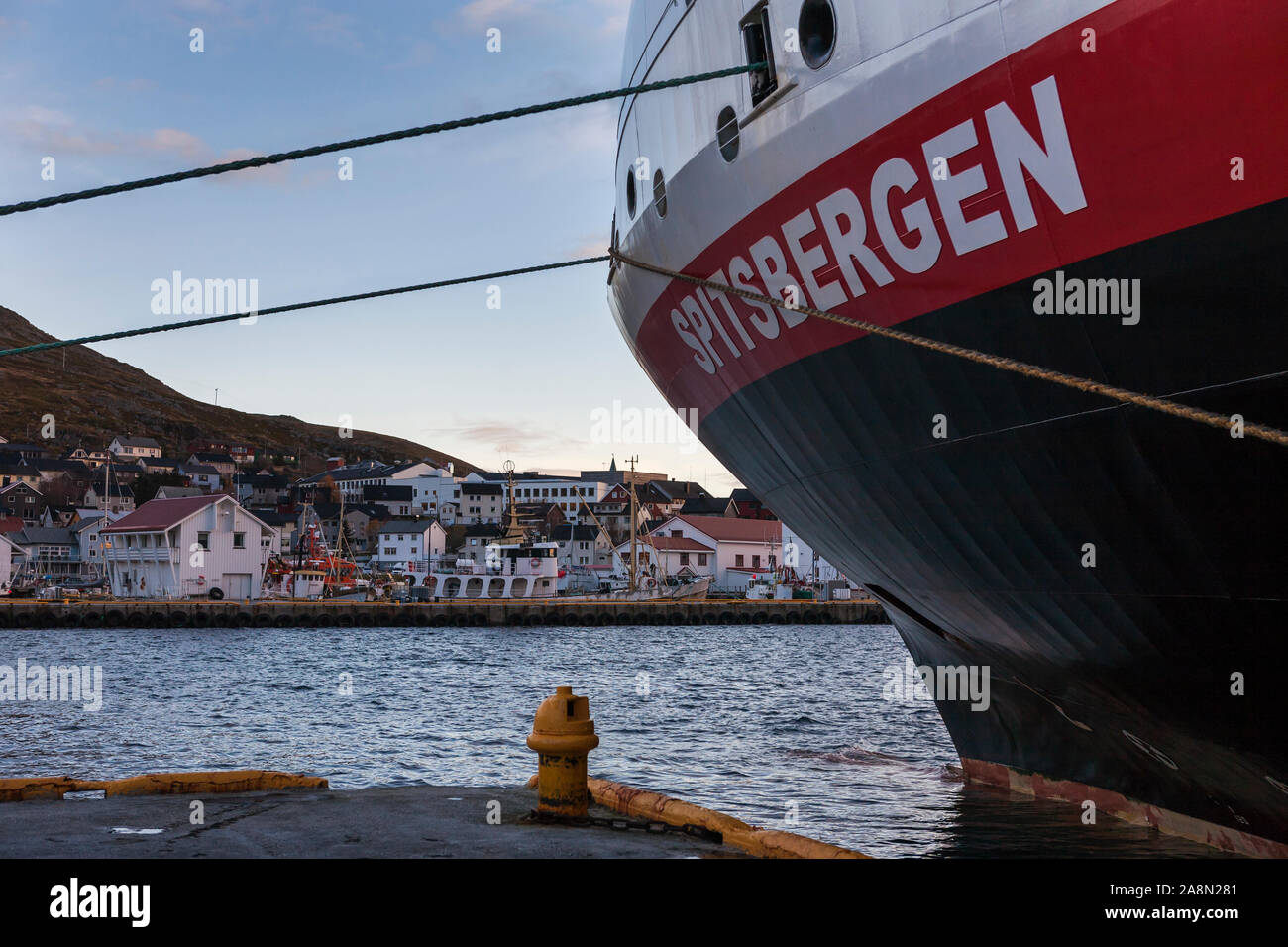 Hurtigruten ship MS Spitsbergen moored at the quayside in the small port of Honningsvåg on the island of Magerøya, Nordkapp, Finnmark, Norway Stock Photo