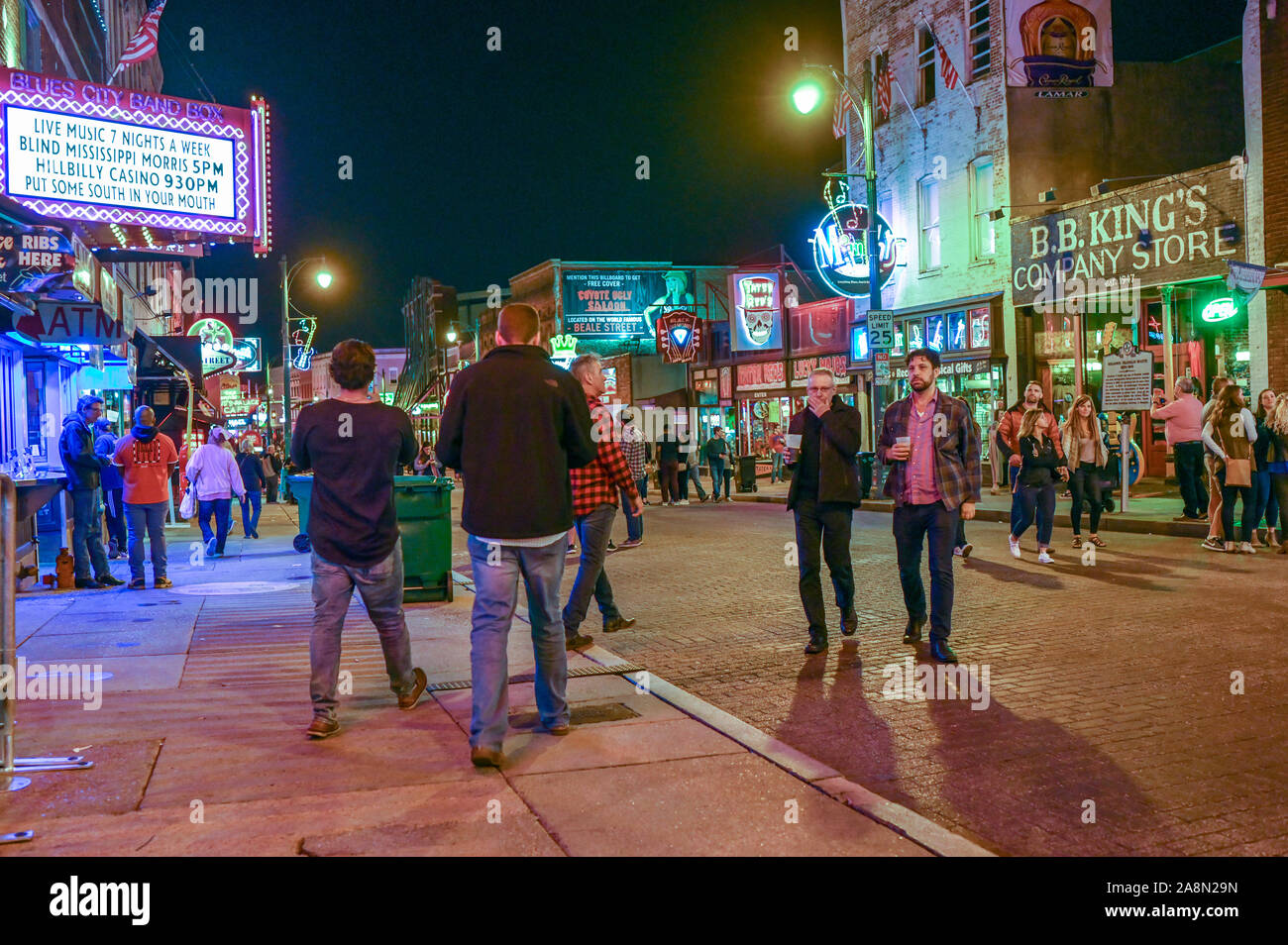 Beale Street in Memphis Tennessee by night. This street is famous for its blues clubs. Stock Photo